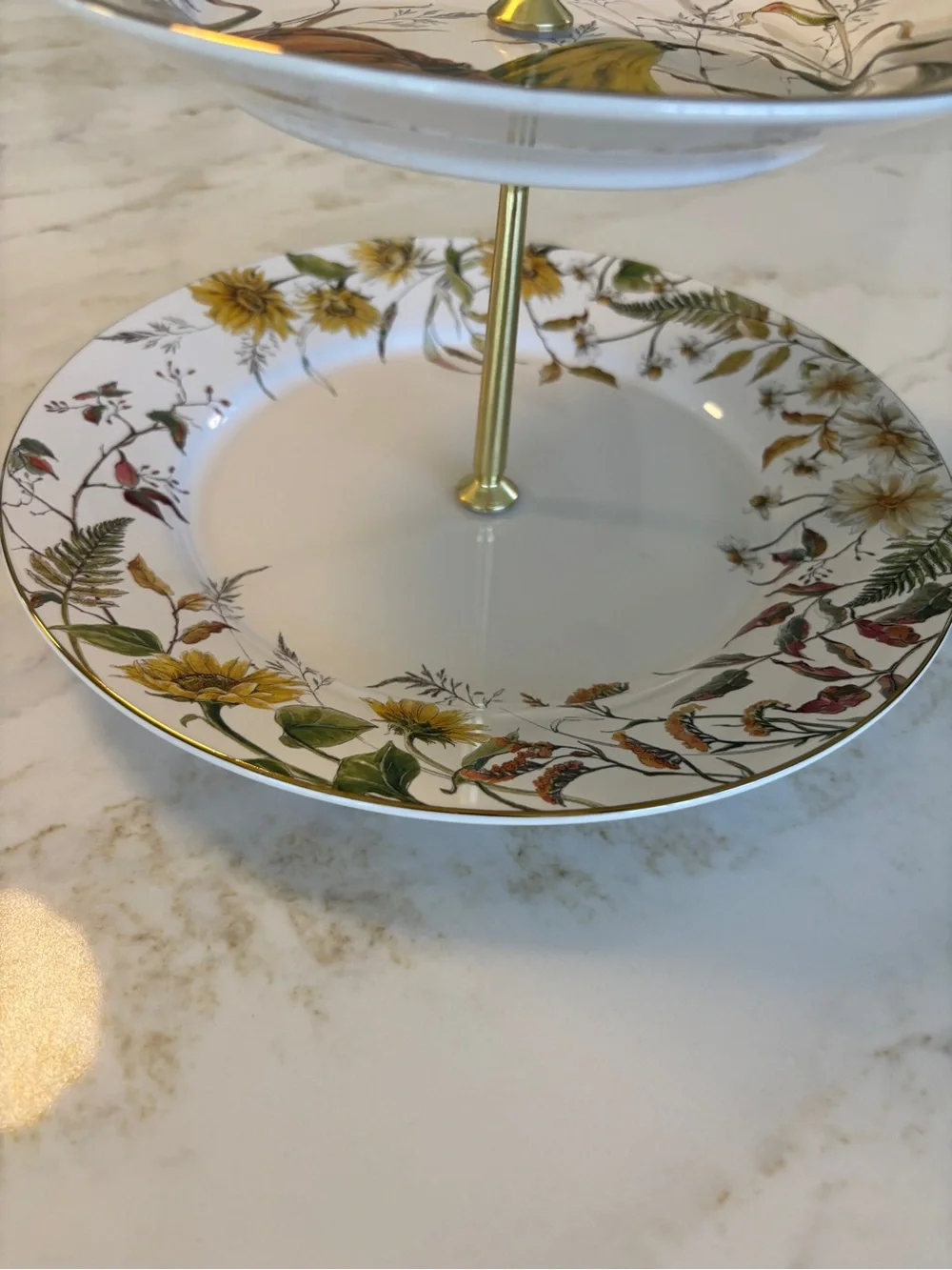 Pottery Barn - Bedford Two-Tier Porcelain Serving Stand in Gold and White NIB